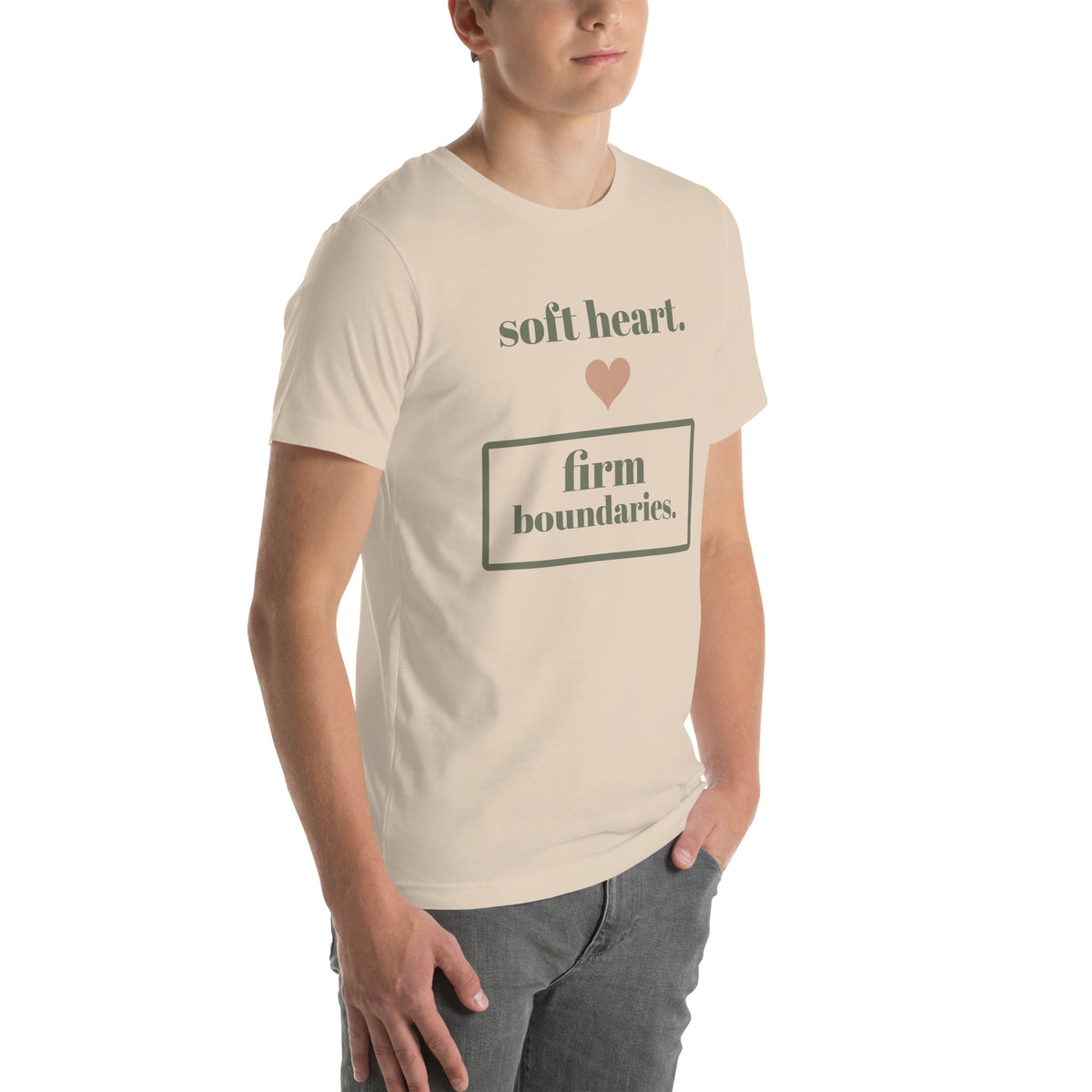 Soft Heart, Firm Boundaries Tee in Soft Cream, worn by a model, three-quarter view from the right