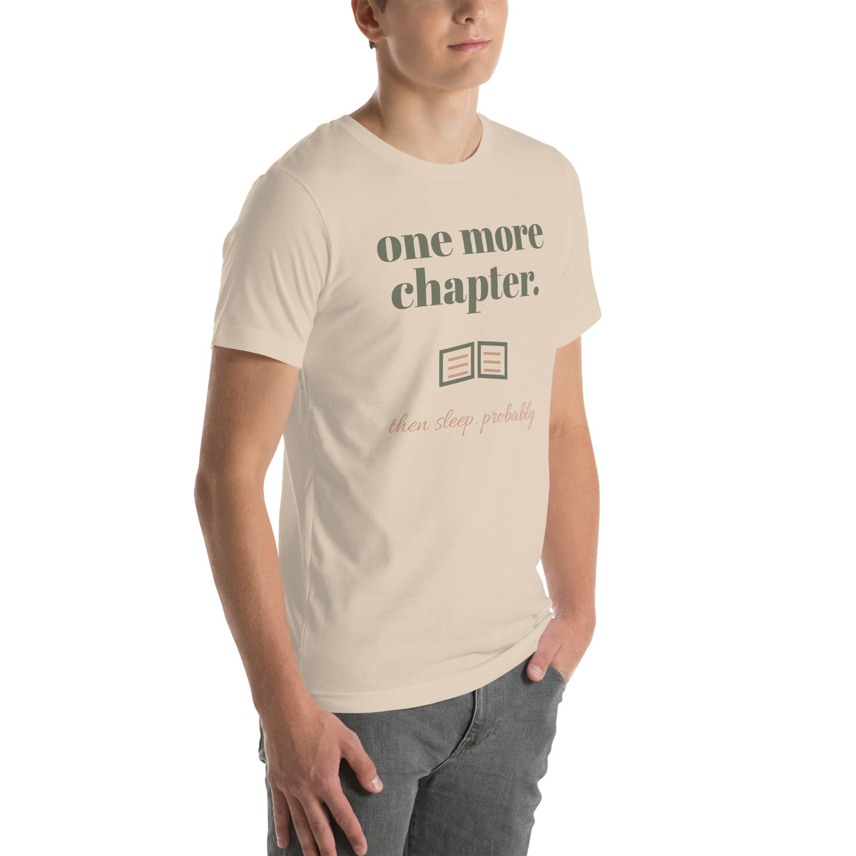 One More Chapter Tee in Soft Cream, worn by a model, three-quarter view from the right