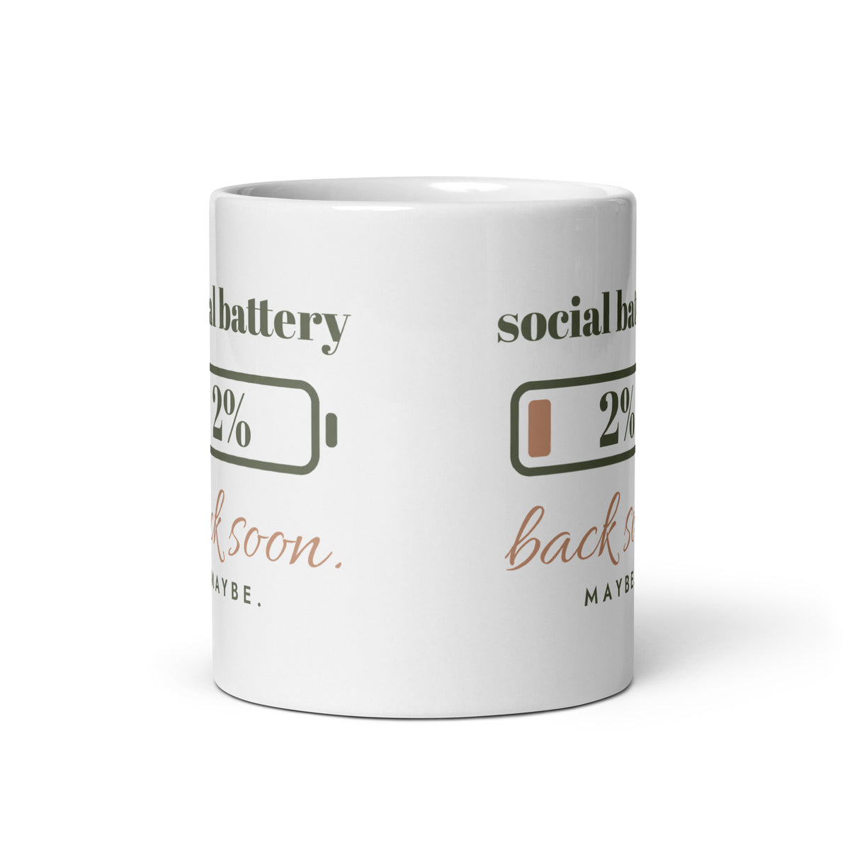 Social Battery Mug, white ceramic, front view