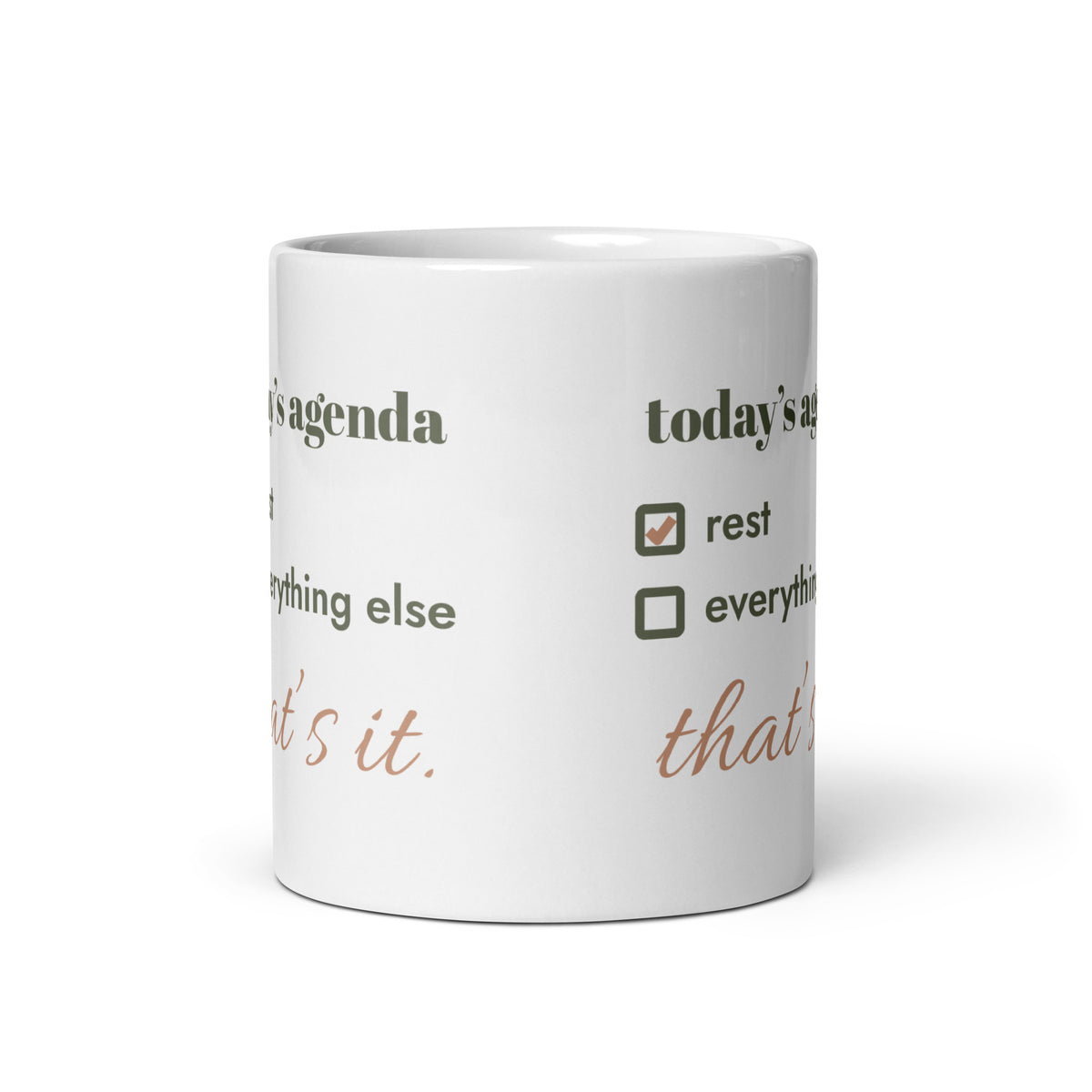 Today's Agenda Mug, white ceramic, front view