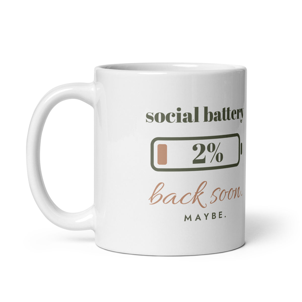 Social Battery Mug, white ceramic, handle on the left
