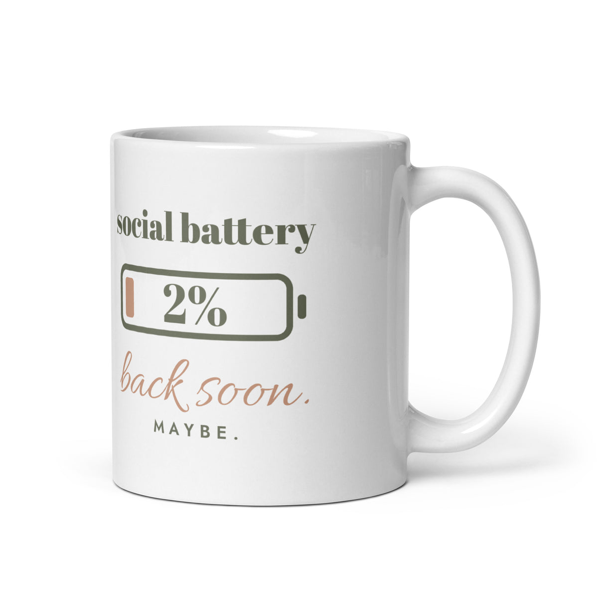 Social Battery Mug, white ceramic, handle on the right